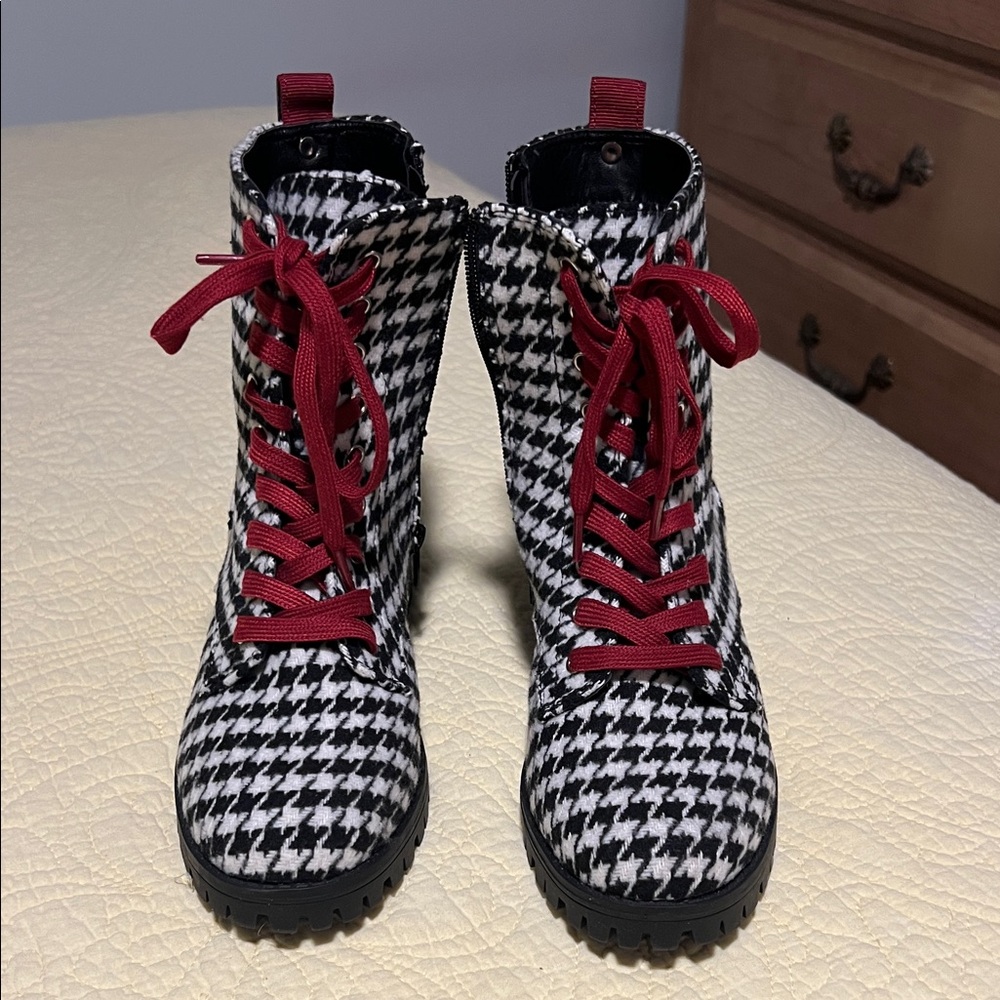 Sugar Black and White Houndstooth Boots with Red Laces